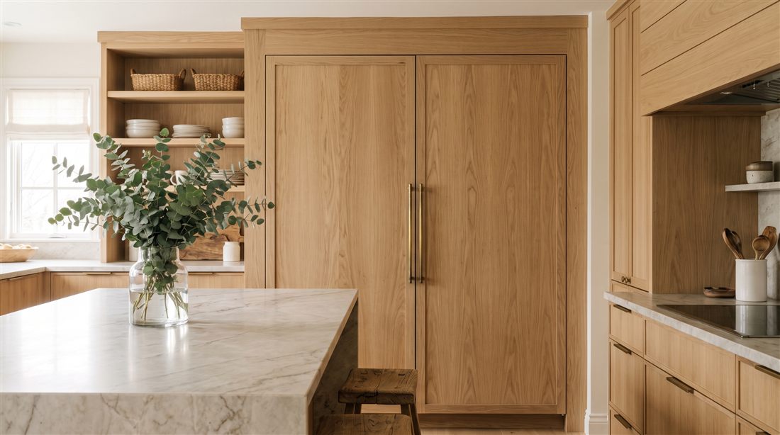 Panel ready Sub-Zero columns in oak cabinetry