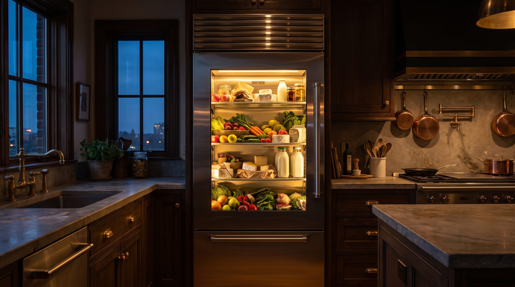 Sub-Zero glass door refrigerator at dusk
