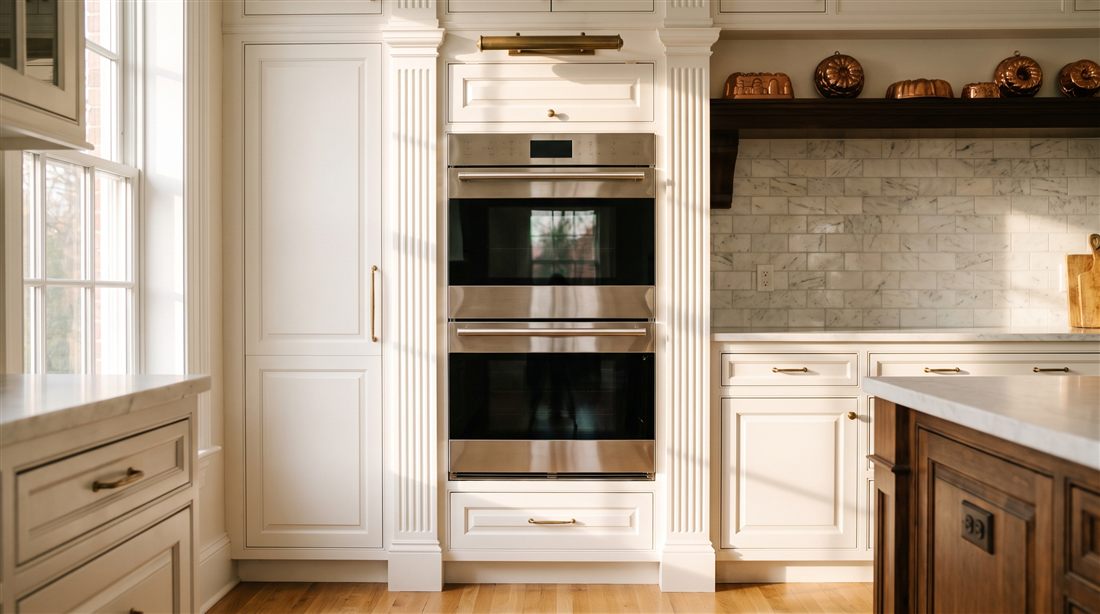 Paneled estate kitchen with Wolf ovens